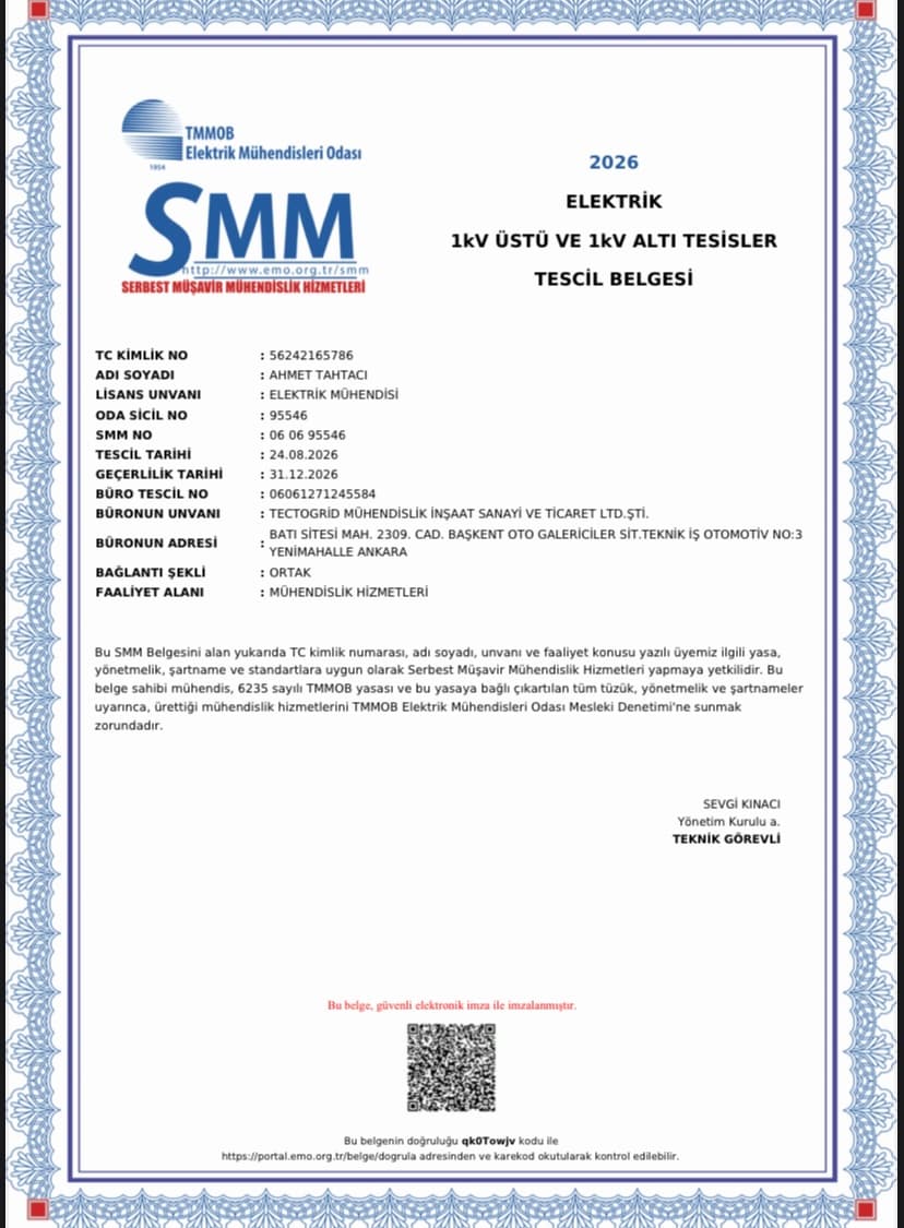 SMM Elektrik 1 kV Üstü ve 1 kV Altı Tesisler Tescil Belgesi