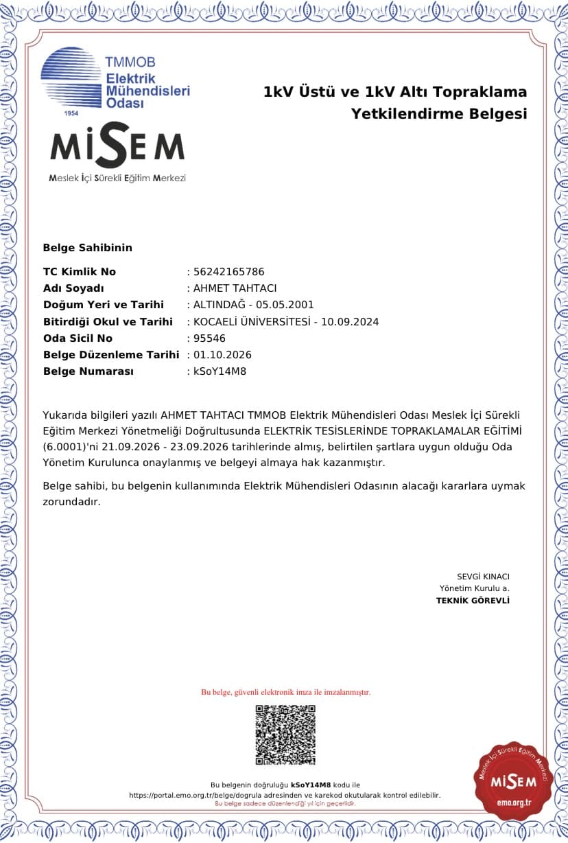 1 kV Üstü ve 1 kV Altı Topraklama Yetkilendirme Belgesi