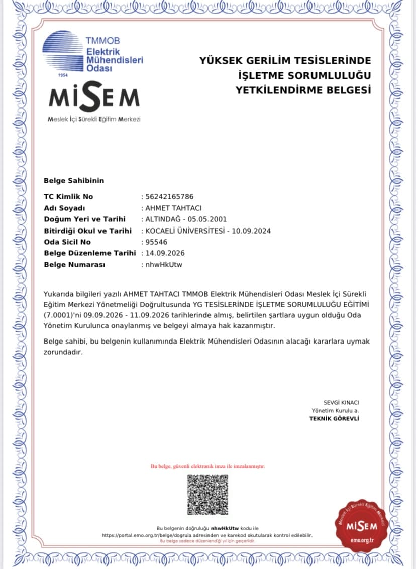 Yüksek Gerilim Tesislerinde İşletme Sorumluluğu Yetkilendirme Belgesi